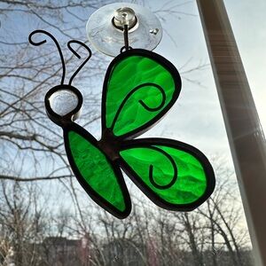 Vibrant Green Glass Butterfly Stained Glass Suncatcher with Curved Wings